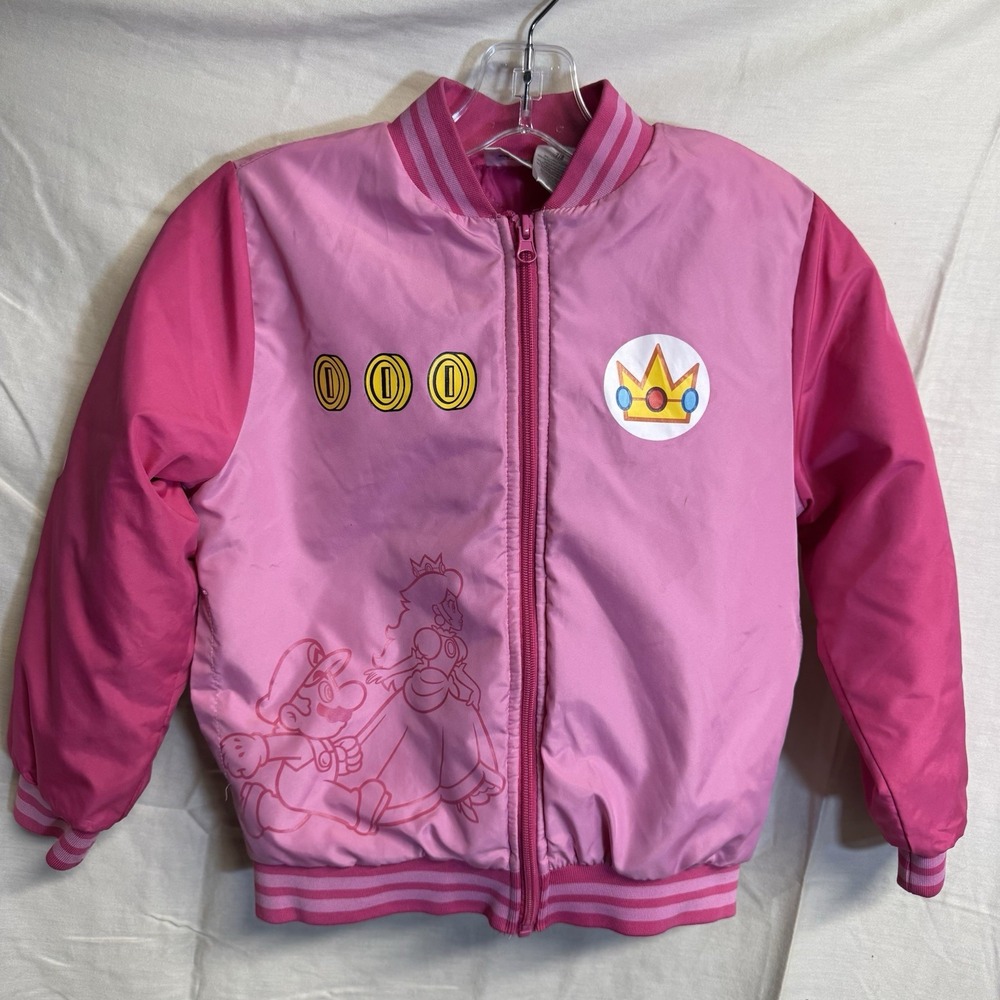 Nintendo Mario Bros Princess Peach Pink Bomber Jacket Girls Size 7/8